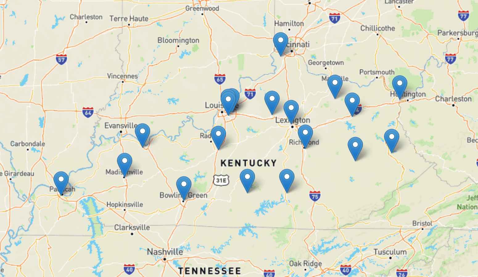 map of kentucky with regional offices as pins