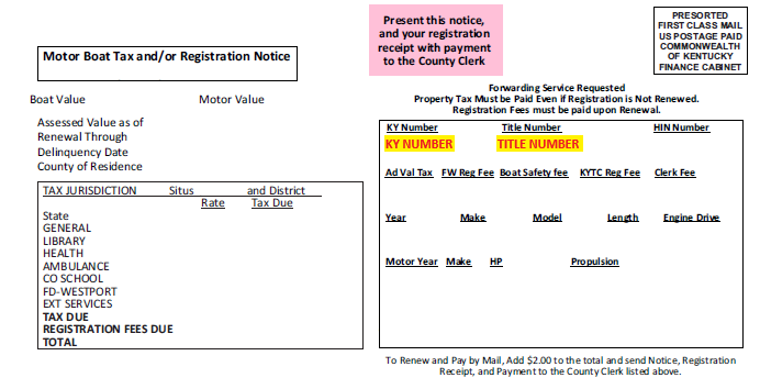 Example boat registration notice showing where to find the title and KY number.